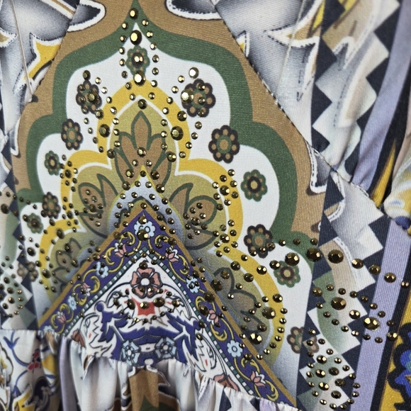 One World Womens XL Boho Maxi Dress Rhinestone Embellished Blue Lace Back - Picture 7 of 12